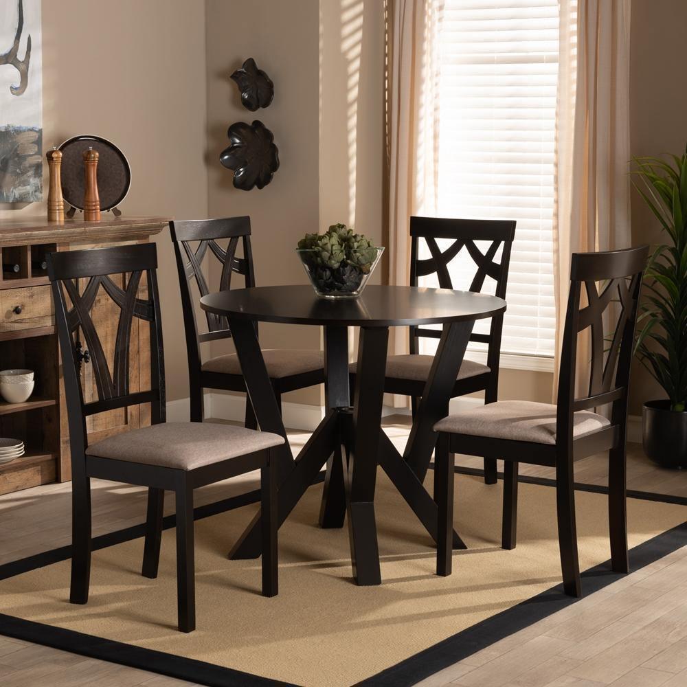 Reagan Modern and Contemporary Sand Fabric Upholstered and Dark Brown Finished Wood 5-Piece Dining Set FredCo