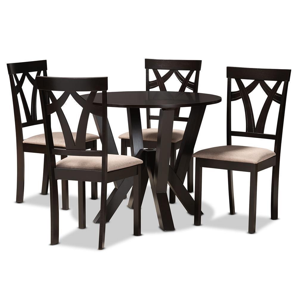 Reagan Modern and Contemporary Sand Fabric Upholstered and Dark Brown Finished Wood 5-Piece Dining Set FredCo