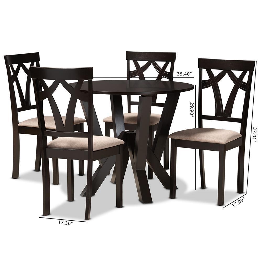 Reagan Modern and Contemporary Sand Fabric Upholstered and Dark Brown Finished Wood 5-Piece Dining Set FredCo
