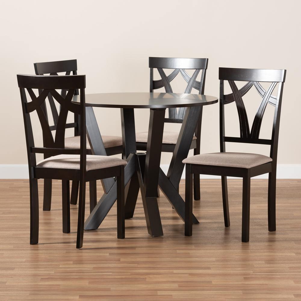 Reagan Modern and Contemporary Sand Fabric Upholstered and Dark Brown Finished Wood 5-Piece Dining Set FredCo