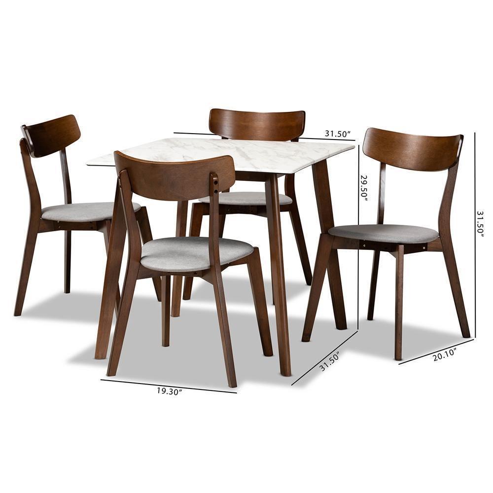 Reba Mid-Century Modern Light Grey Fabric Upholstered and Walnut Brown Finished Wood 5-Piece Dining Set with Faux Marble Dining Table FredCo