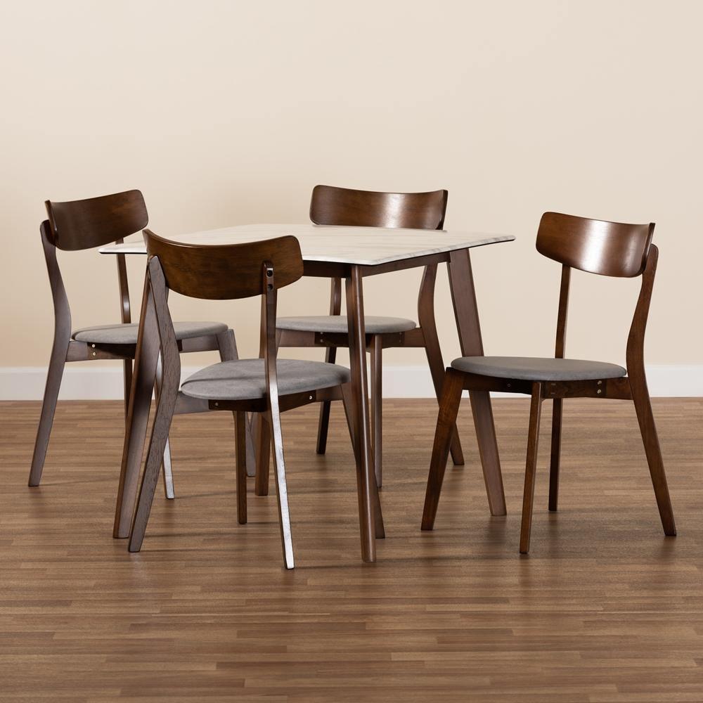 Reba Mid-Century Modern Light Grey Fabric Upholstered and Walnut Brown Finished Wood 5-Piece Dining Set with Faux Marble Dining Table FredCo