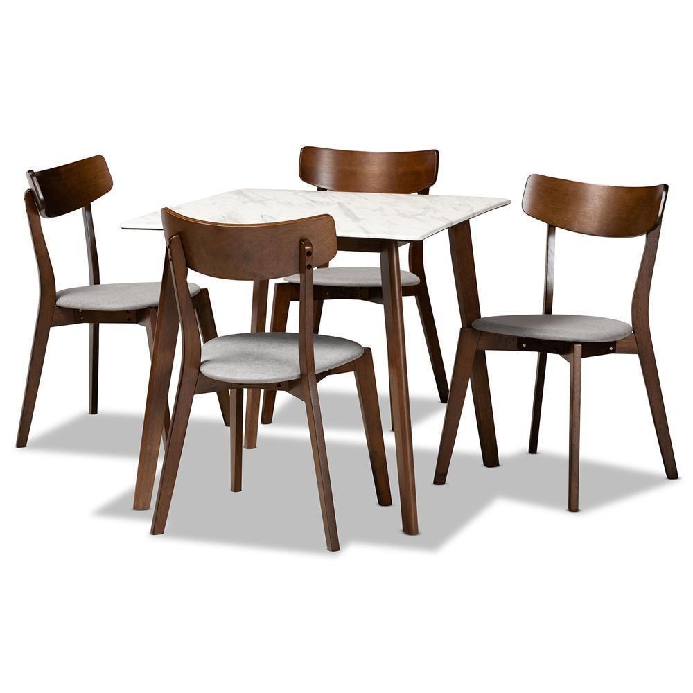 Reba Mid-Century Modern Light Grey Fabric Upholstered and Walnut Brown Finished Wood 5-Piece Dining Set with Faux Marble Dining Table FredCo