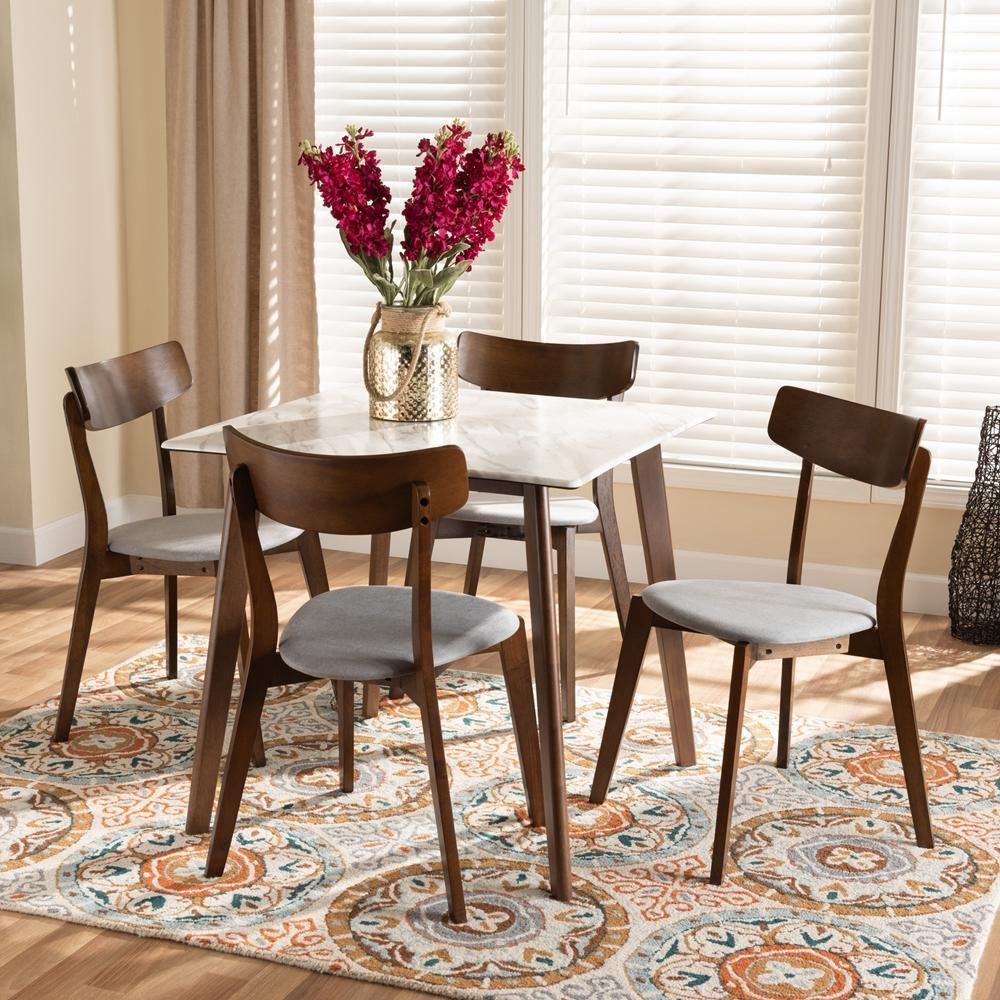 Reba Mid-Century Modern Light Grey Fabric Upholstered and Walnut Brown Finished Wood 5-Piece Dining Set with Faux Marble Dining Table FredCo