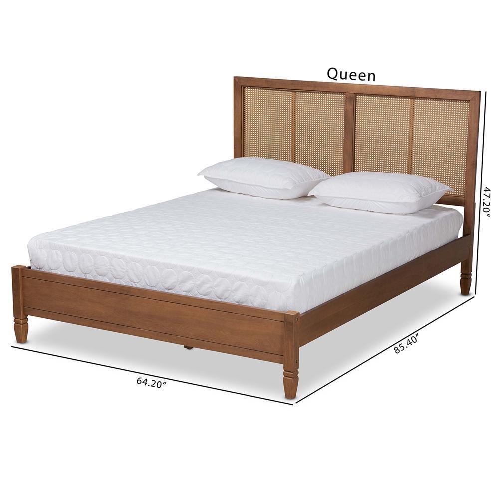 Redmond Mid-Century Modern Walnut Brown Finished Wood and Synthetic Rattan Queen Size Platform Bed FredCo