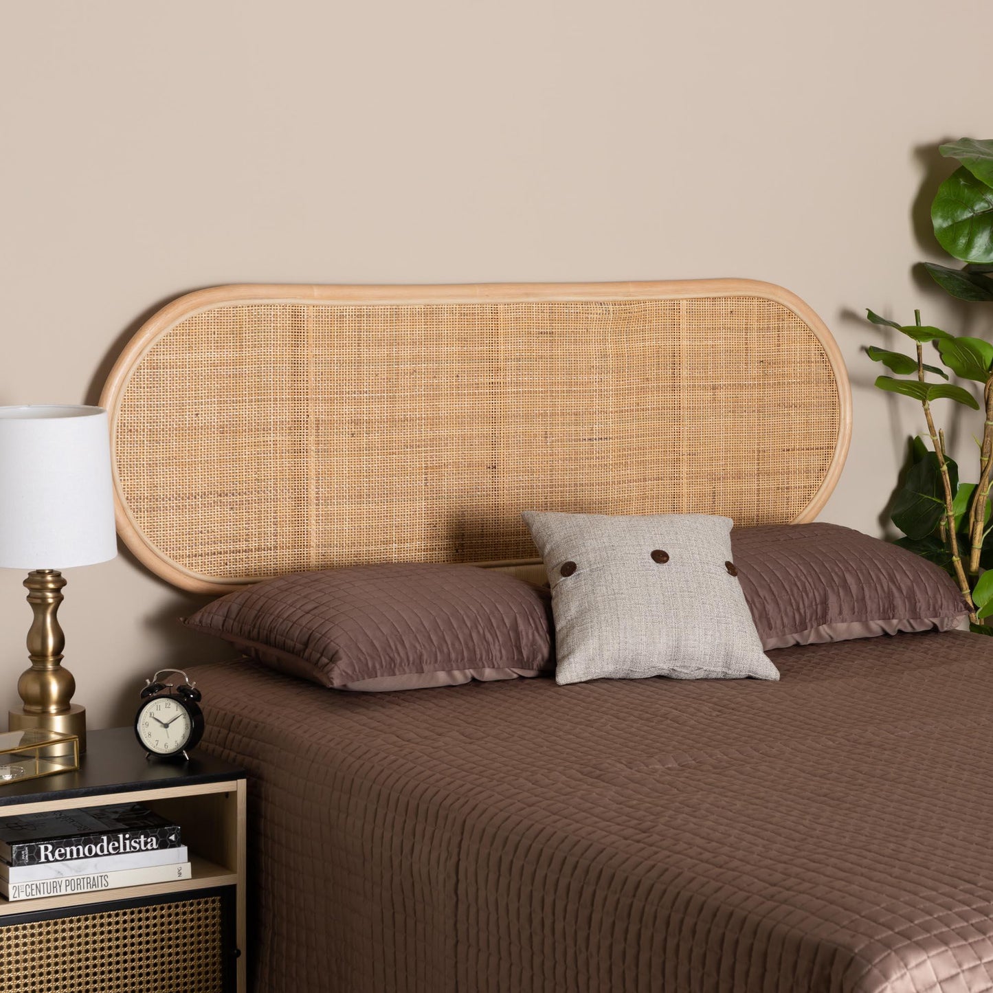 Reegan Modern Bohemian Natural Brown Rattan Queen Size Standalone Headboard FredCo