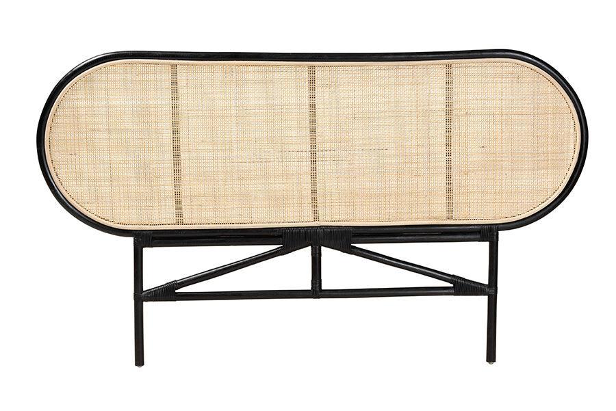 Reegan Modern Bohemian Two-Tone Black and Natural Brown Rattan Queen Size Standalone Headboard FredCo