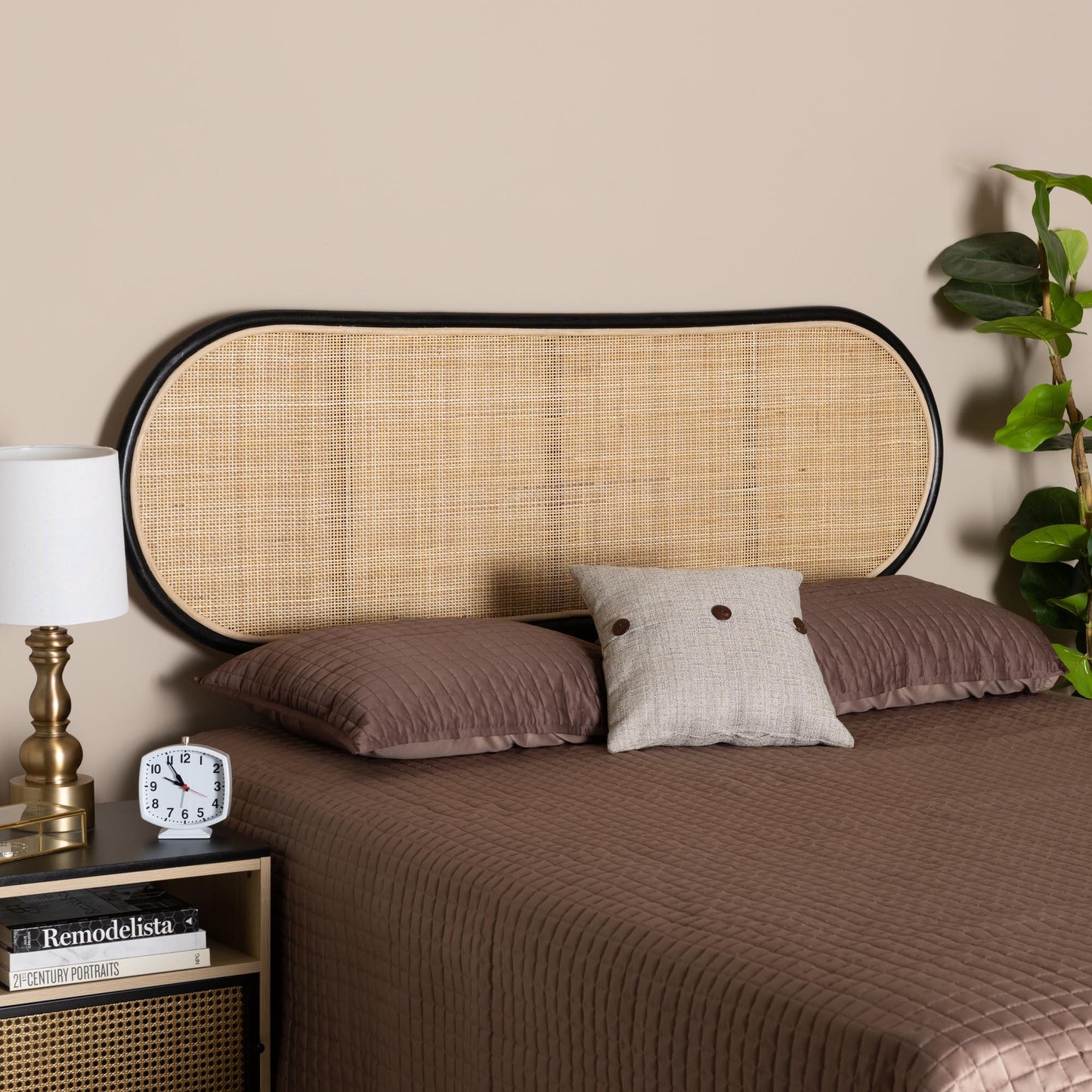 Reegan Modern Bohemian Two-Tone Black and Natural Brown Rattan Queen Size Standalone Headboard FredCo