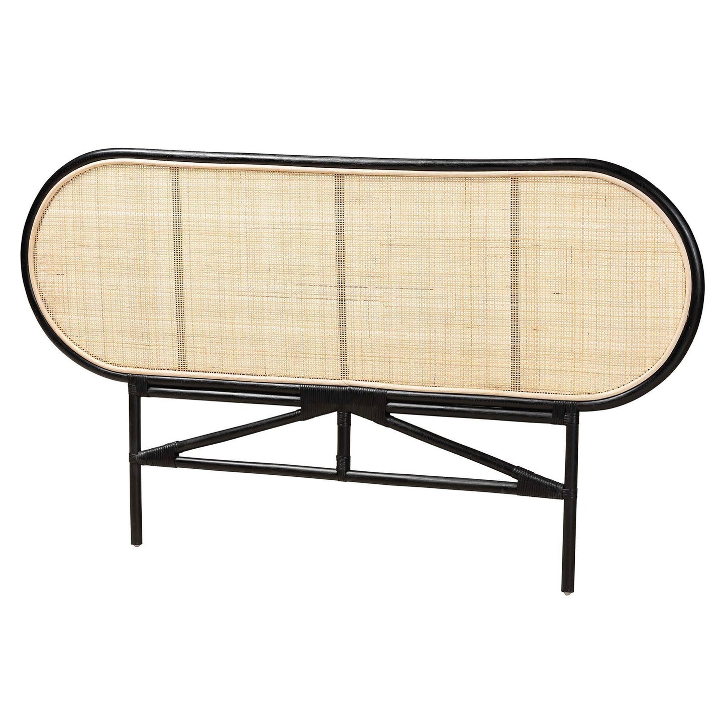 Reegan Modern Bohemian Two-Tone Black and Natural Brown Rattan Queen Size Standalone Headboard FredCo