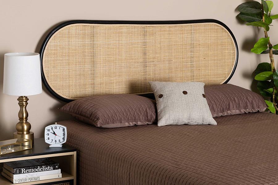 Reegan Modern Bohemian Two-Tone Black and Natural Brown Rattan Queen Size Standalone Headboard FredCo