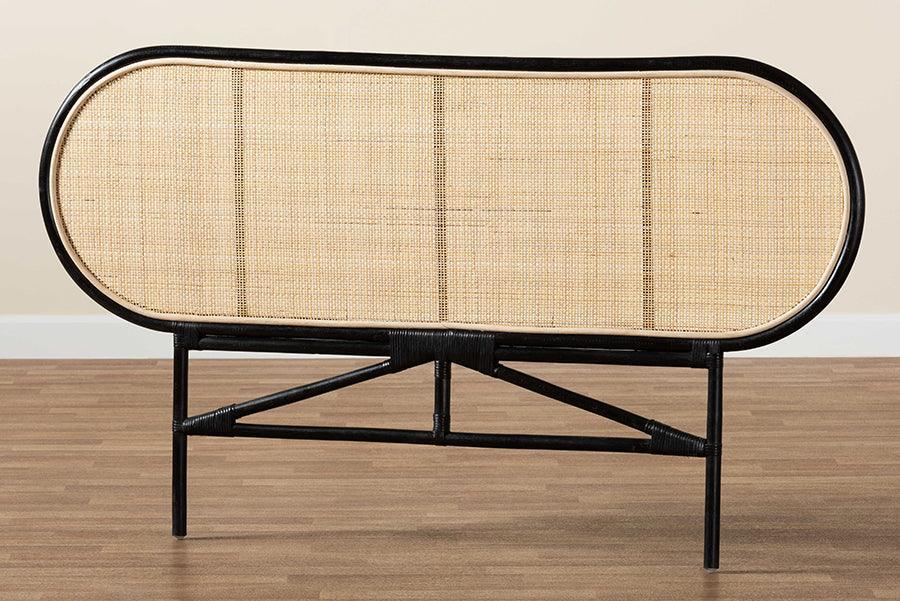 Reegan Modern Bohemian Two-Tone Black and Natural Brown Rattan Queen Size Standalone Headboard FredCo