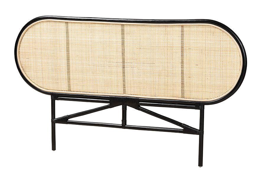 Reegan Modern Bohemian Two-Tone Black and Natural Brown Rattan Queen Size Standalone Headboard FredCo