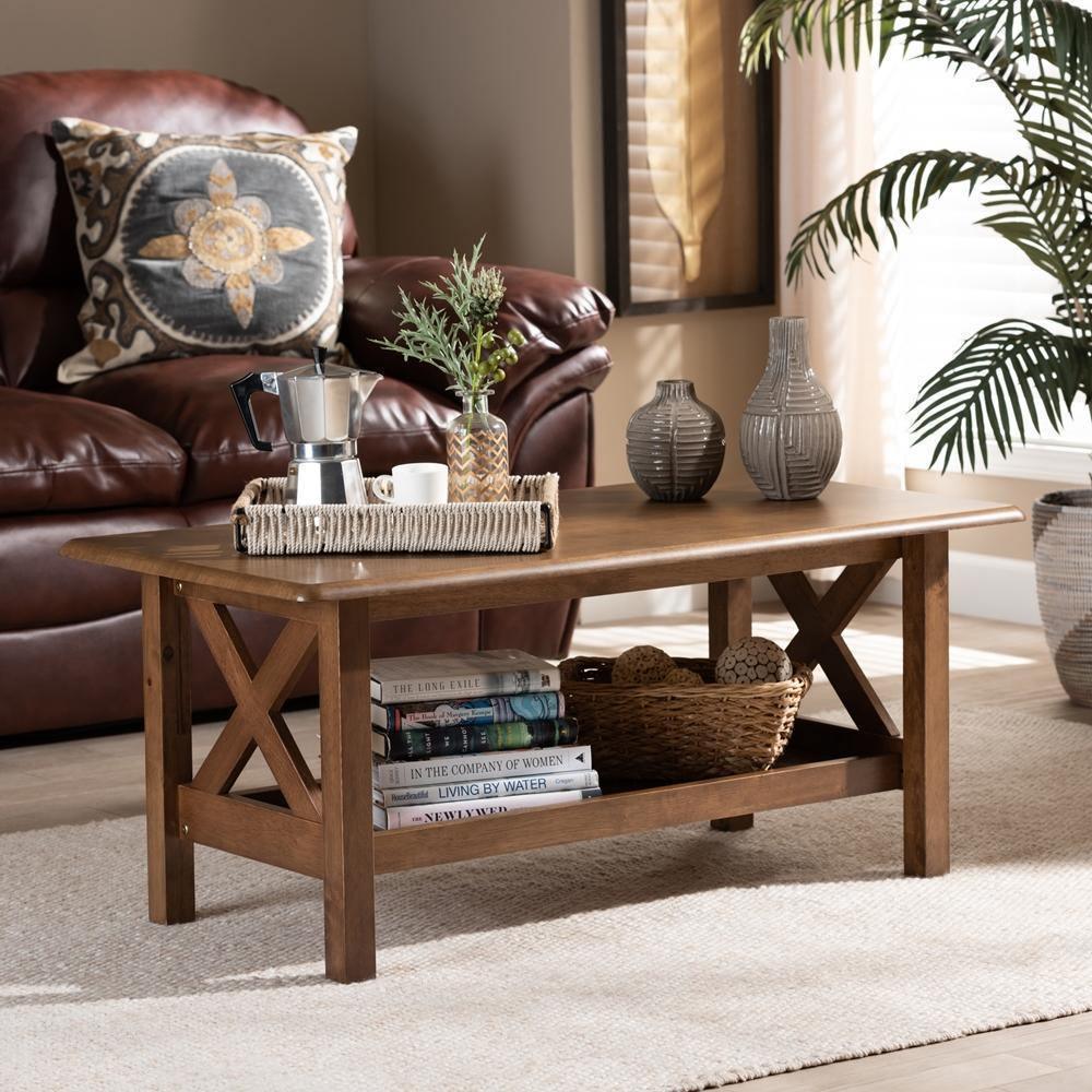 Reese Traditional Transitional Walnut Brown Finished Rectangular Wood Coffee Table FredCo