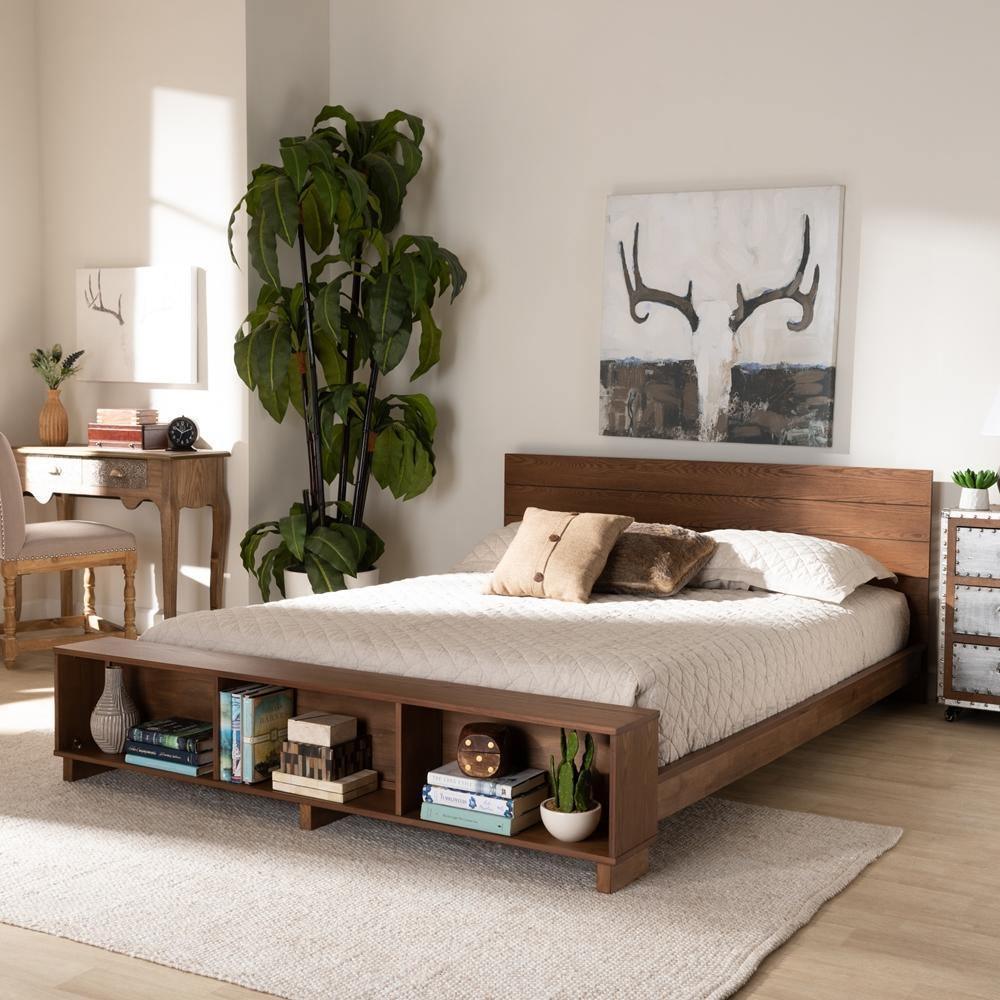 Regina Modern Rustic Ash Walnut Brown Finished Wood King Size Platform Storage Bed with Built-In Shelves FredCo
