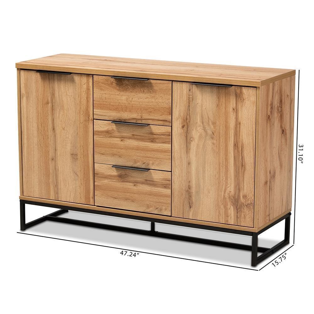 Reid Modern and Contemporary Industrial Oak Finished Wood and Black Metal 3-Drawer Sideboard Buffet FredCo