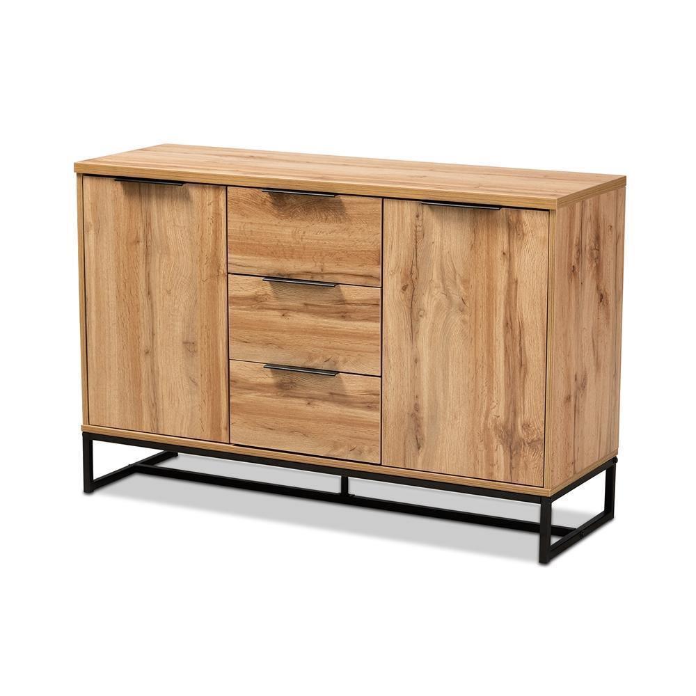 Reid Modern and Contemporary Industrial Oak Finished Wood and Black Metal 3-Drawer Sideboard Buffet FredCo
