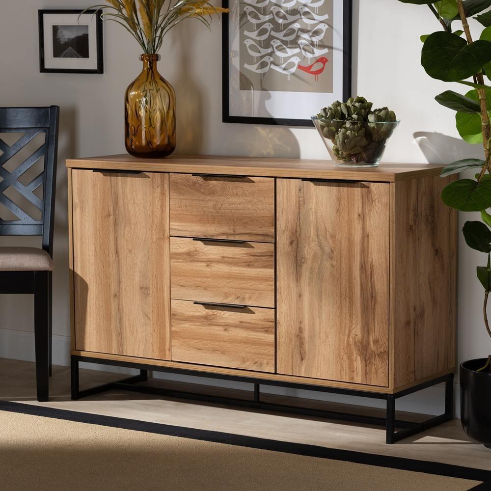 Reid Modern and Contemporary Industrial Oak Finished Wood and Black Metal 3-Drawer Sideboard Buffet FredCo