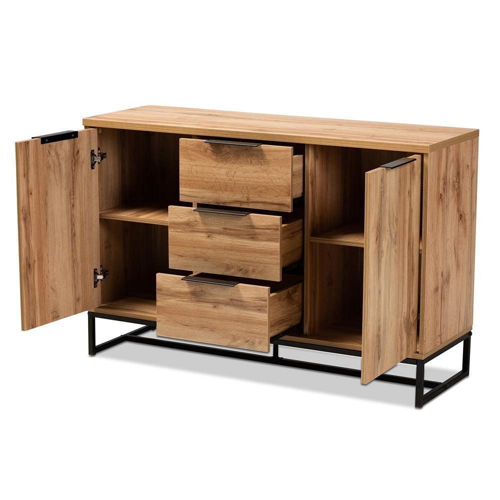 Reid Modern and Contemporary Industrial Oak Finished Wood and Black Metal 3-Drawer Sideboard Buffet FredCo