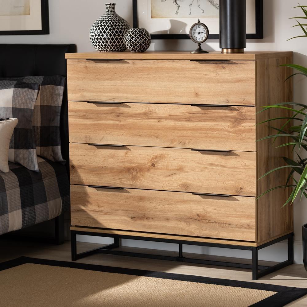 Reid Modern and Contemporary Industrial Oak Finished Wood and Black Metal 4-Drawer Dresser FredCo
