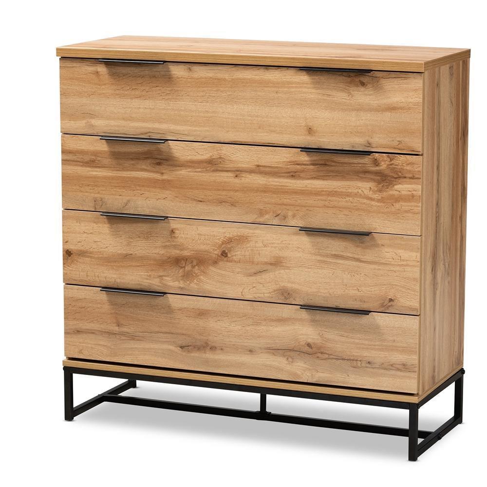 Reid Modern and Contemporary Industrial Oak Finished Wood and Black Metal 4-Drawer Dresser FredCo