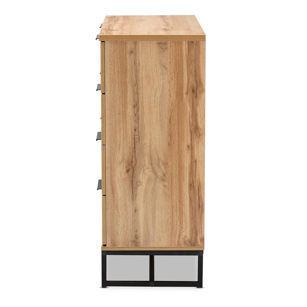 Reid Modern and Contemporary Industrial Oak Finished Wood and Black Metal 4-Drawer Dresser FredCo