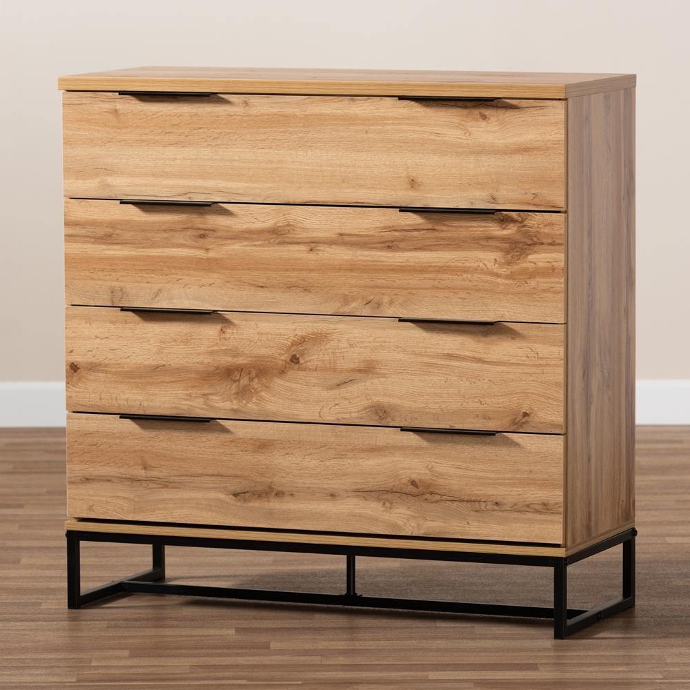 Reid Modern and Contemporary Industrial Oak Finished Wood and Black Metal 4-Drawer Dresser FredCo