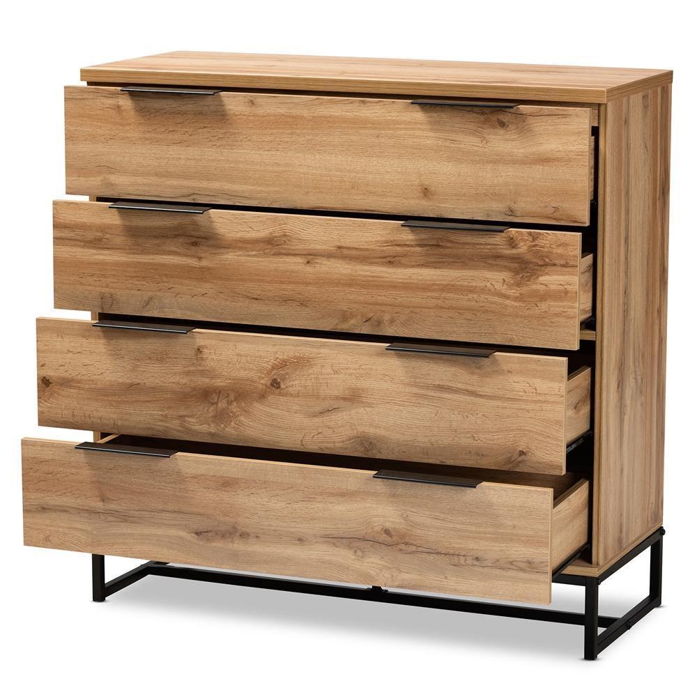 Reid Modern and Contemporary Industrial Oak Finished Wood and Black Metal 4-Drawer Dresser FredCo