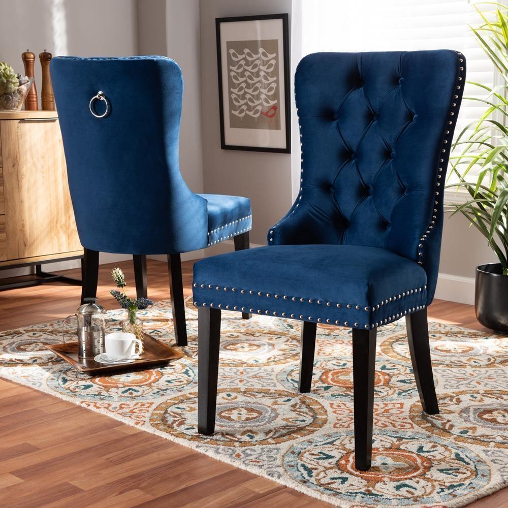 Remy Modern Transitional Navy Blue Velvet Fabric Upholstered Espresso Finished 2-Piece Wood Dining Chair Set FredCo