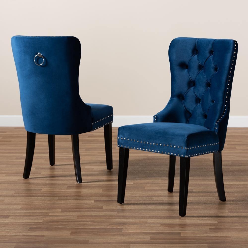 Remy Modern Transitional Navy Blue Velvet Fabric Upholstered Espresso Finished 2-Piece Wood Dining Chair Set FredCo