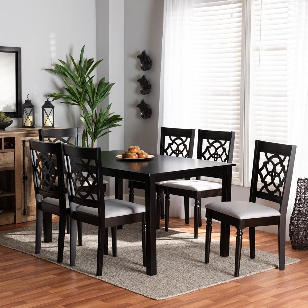 Renaud Modern and Contemporary Grey Fabric Upholstered and Dark Brown Finished Wood 7-Piece Dining Set FredCo