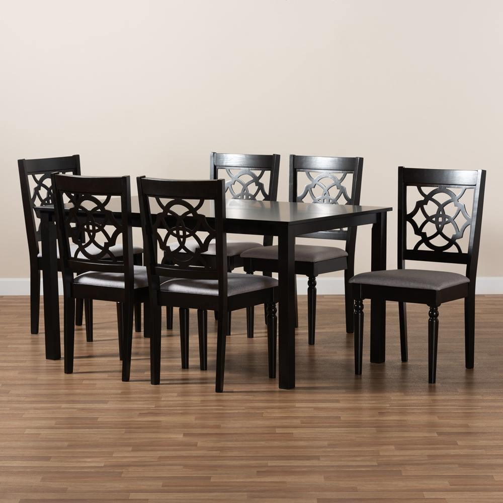 Renaud Modern and Contemporary Grey Fabric Upholstered and Dark Brown Finished Wood 7-Piece Dining Set FredCo