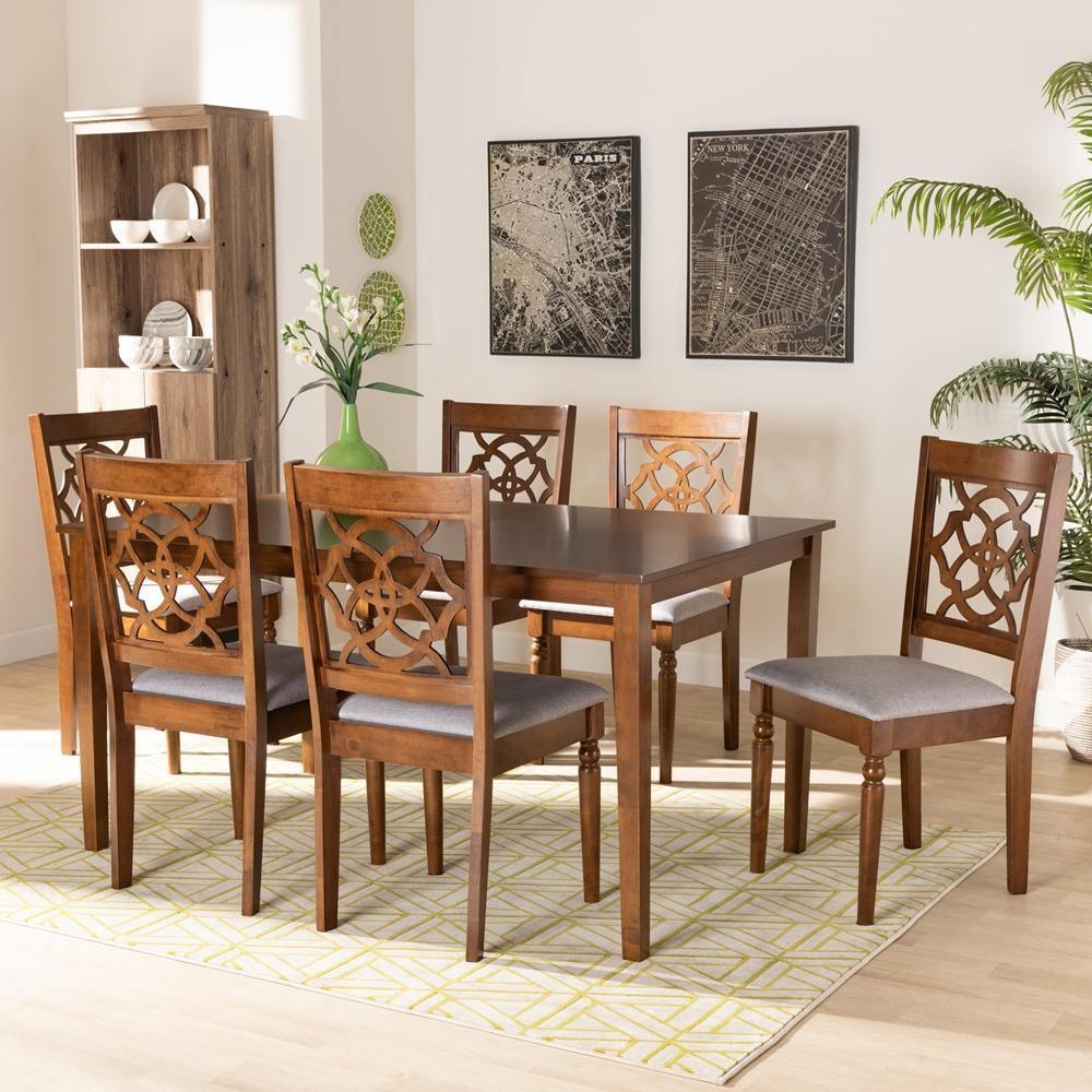Renaud Modern and Contemporary Grey Fabric Upholstered and Walnut Brown Finished Wood 7-Piece Dining Set FredCo