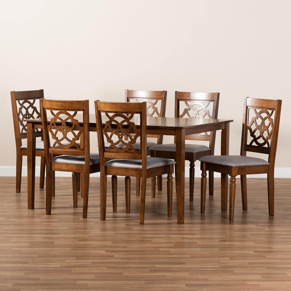 Renaud Modern and Contemporary Grey Fabric Upholstered and Walnut Brown Finished Wood 7-Piece Dining Set FredCo