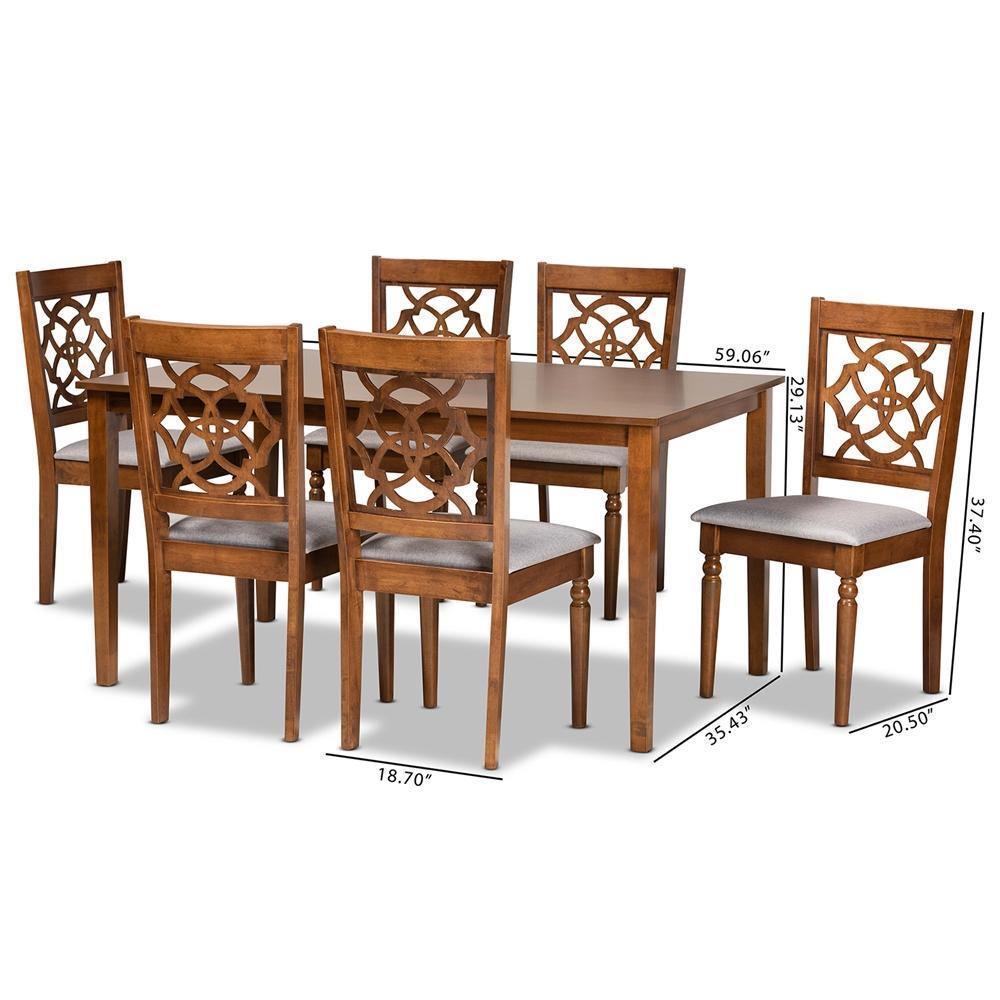 Renaud Modern and Contemporary Grey Fabric Upholstered and Walnut Brown Finished Wood 7-Piece Dining Set FredCo