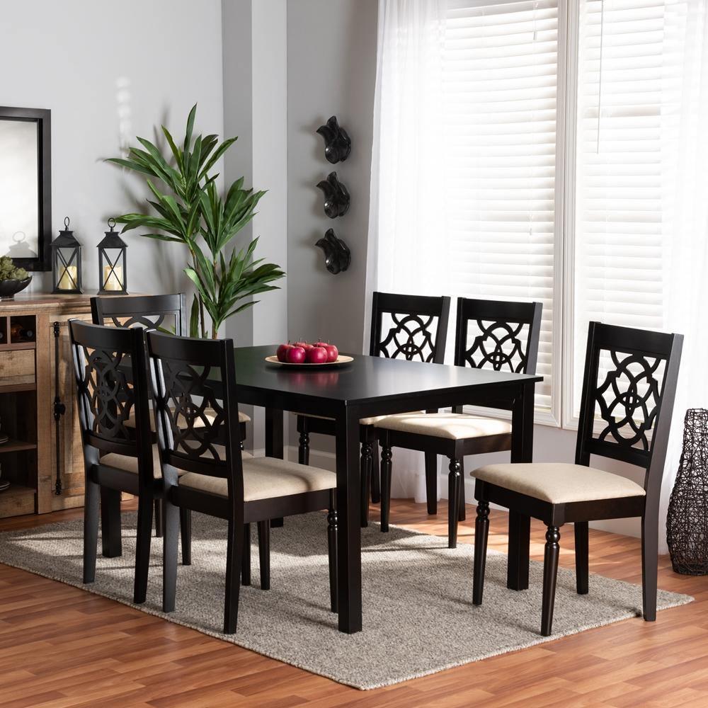 Renaud Modern and Contemporary Sand Fabric Upholstered and Dark Brown Finished Wood 7-Piece Dining Set FredCo