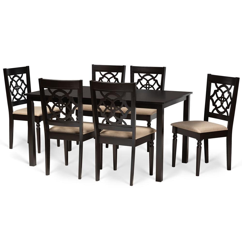 Renaud Modern and Contemporary Sand Fabric Upholstered and Dark Brown Finished Wood 7-Piece Dining Set FredCo