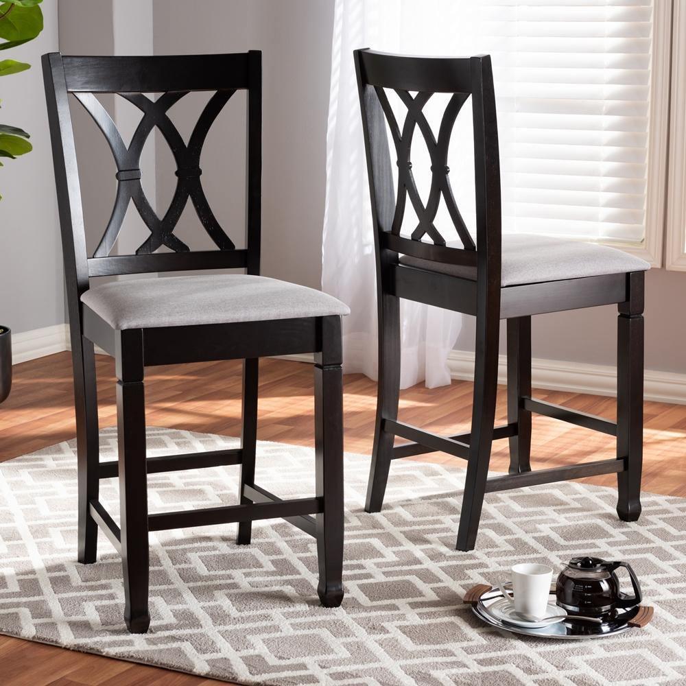 Reneau Modern and Contemporary Gray Fabric Upholstered Espresso Brown Finished Wood Counter Height Pub Chair Set of 2 FredCo