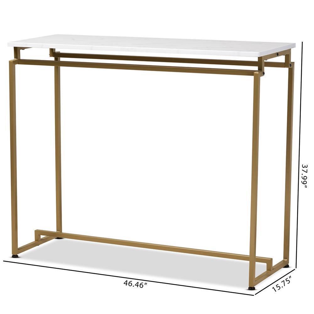 Renzo Modern and Contemporary Brushed Gold Finished Metal Console Table with Faux Marble Tabletop FredCo