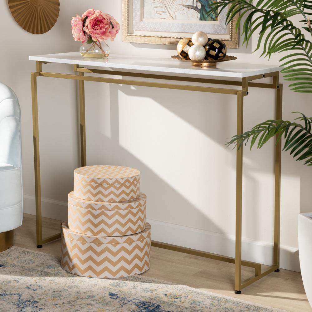 Renzo Modern and Contemporary Brushed Gold Finished Metal Console Table with Faux Marble Tabletop FredCo