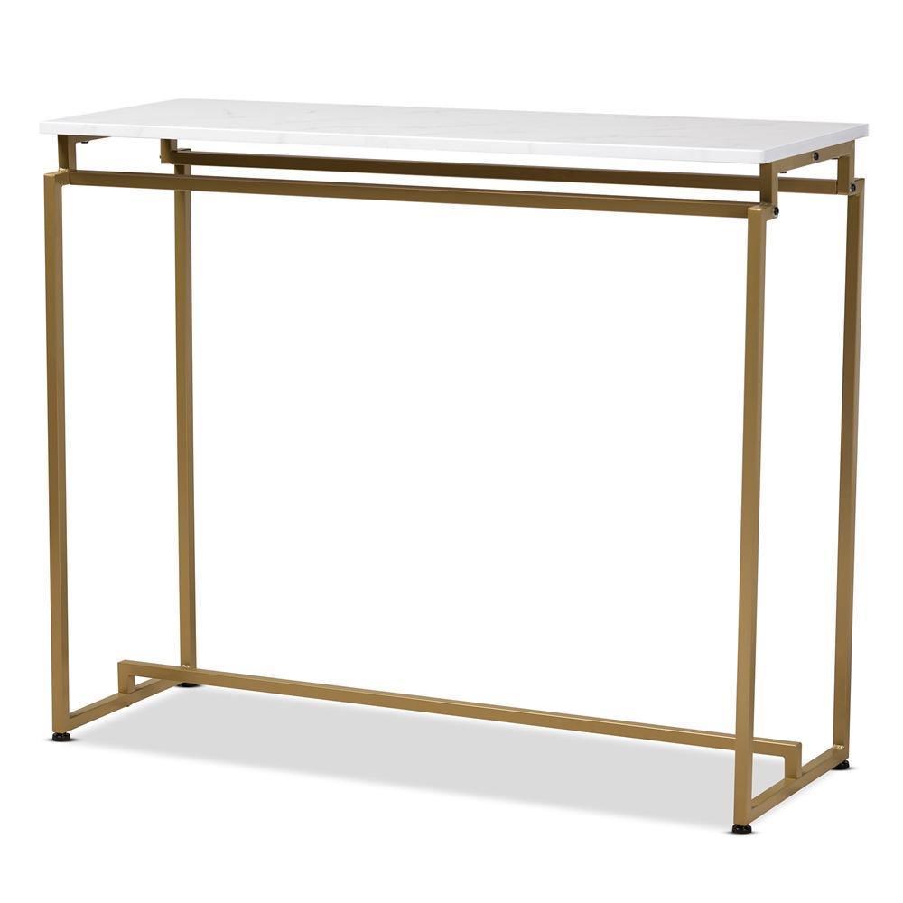 Renzo Modern and Contemporary Brushed Gold Finished Metal Console Table with Faux Marble Tabletop FredCo