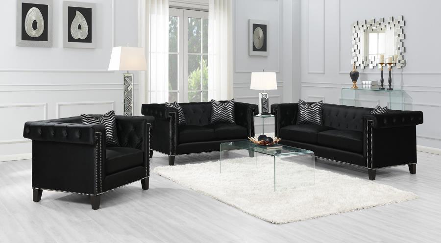 Reventlow Upholstered Tufted Living Room Set Black 505817-S3 Coaster FredCo