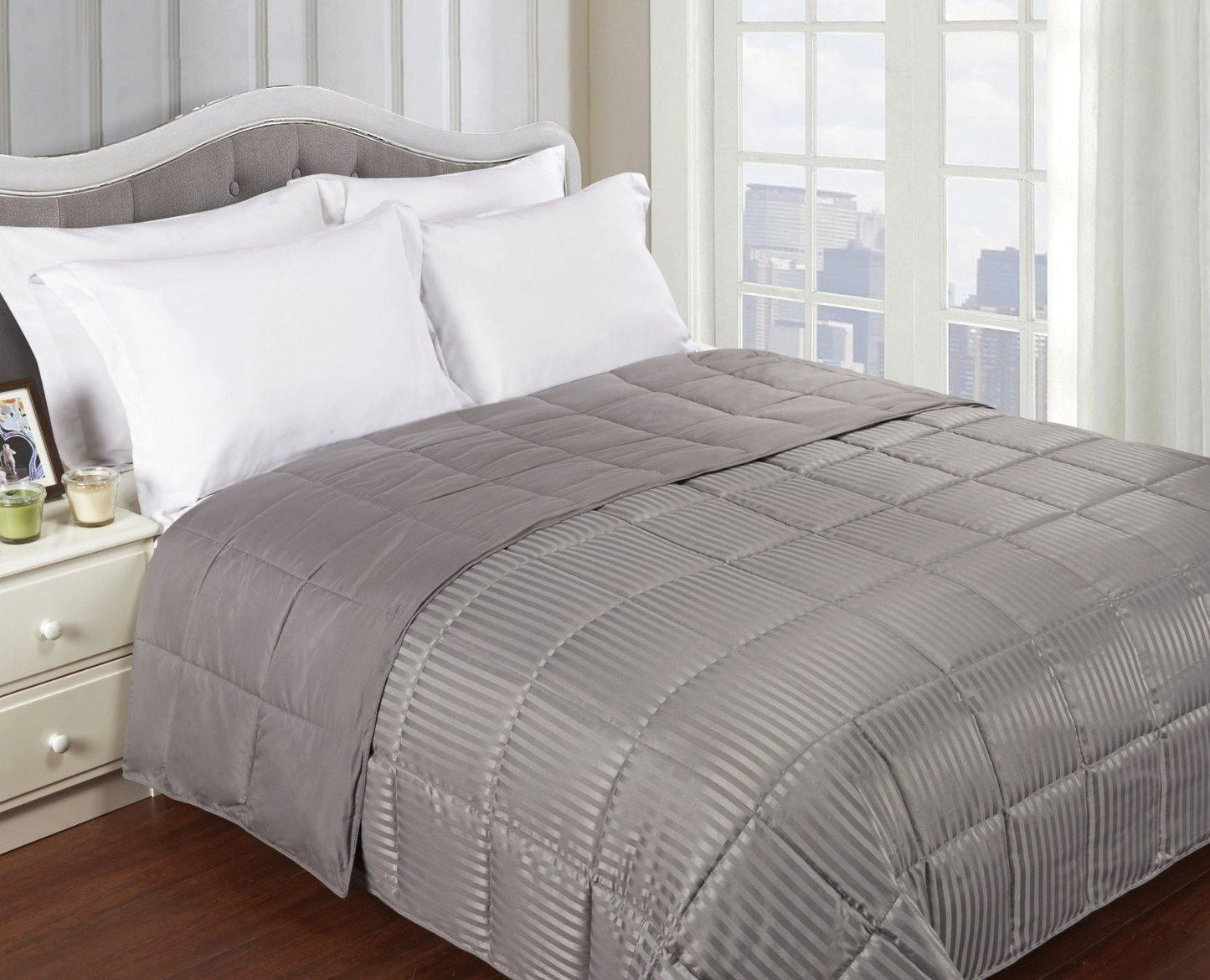 Reversible Solid and Stripes Lightweight Microfiber Comforter Blanket FredCo