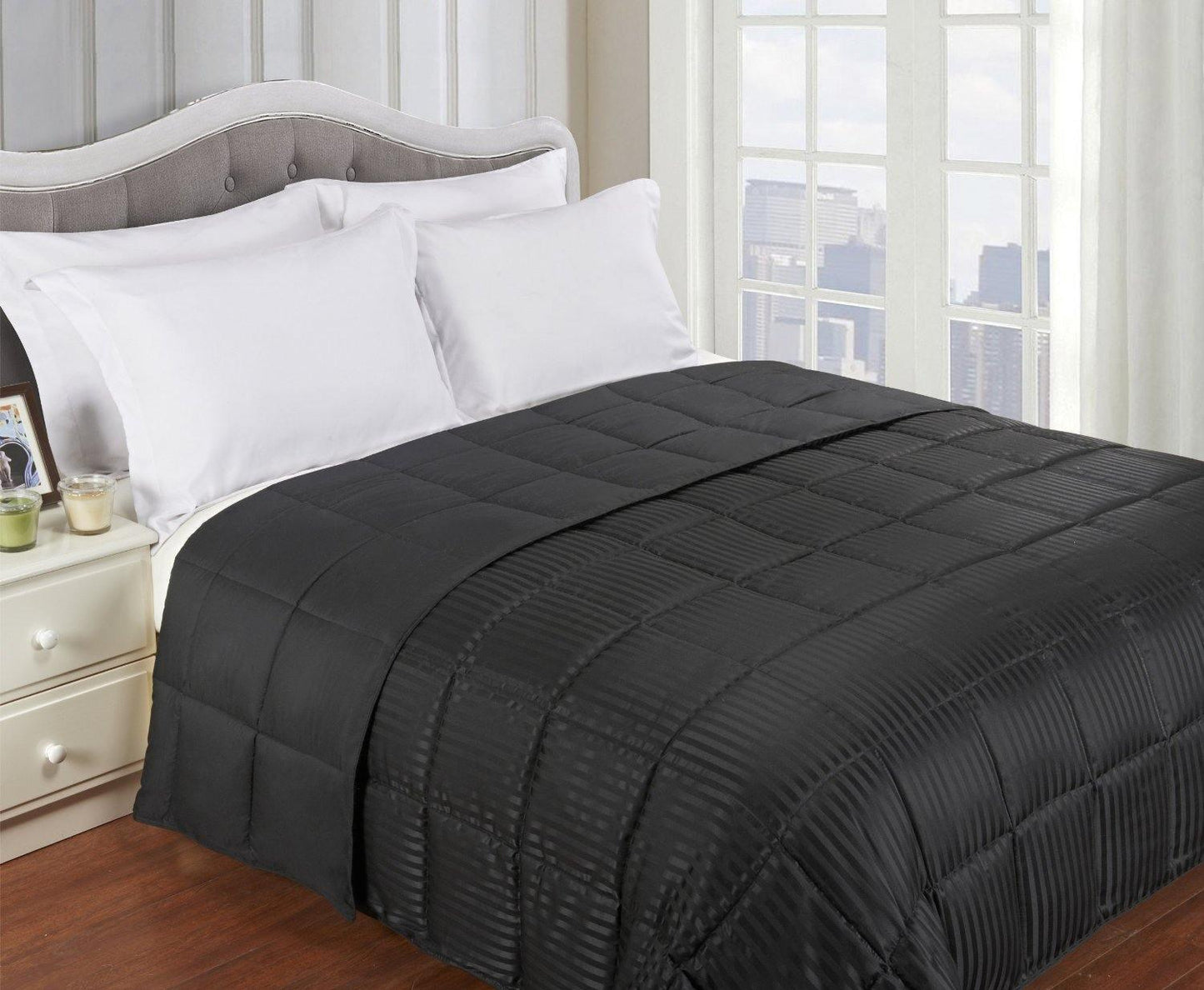 Reversible Solid and Stripes Lightweight Microfiber Comforter Blanket FredCo
