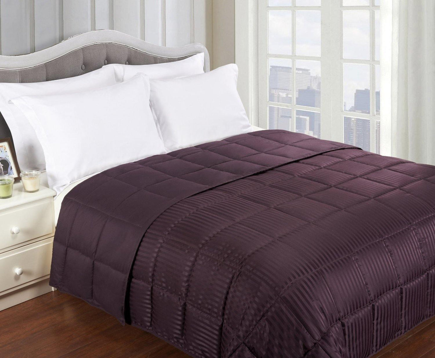 Reversible Solid and Stripes Lightweight Microfiber Comforter Blanket FredCo