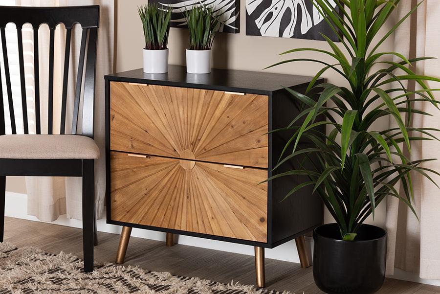 Richardson Mid-Century Transitional Two-Tone Black and Natural Brown Finished Wood 2-Drawer Storage Cabinet FredCo