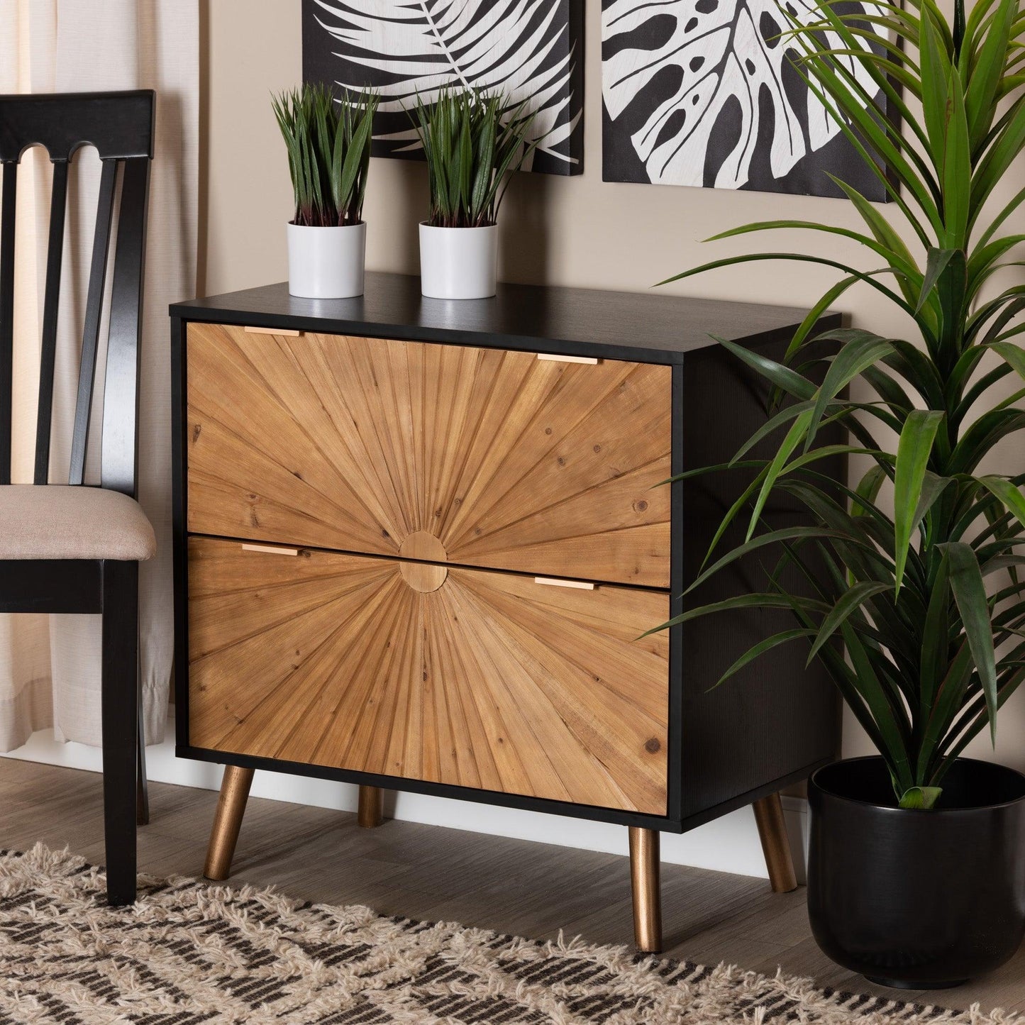 Richardson Mid-Century Transitional Two-Tone Black and Natural Brown Finished Wood 2-Drawer Storage Cabinet FredCo