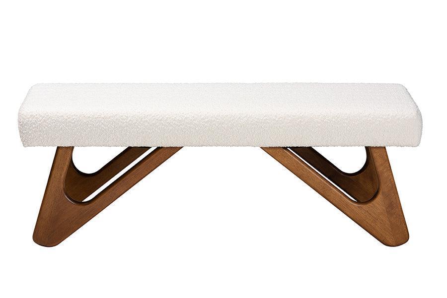 Rika Japandi Cream Boucle Fabric and Walnut Brown Finished Wood Bench FredCo