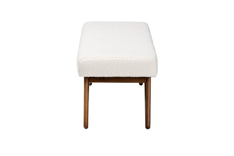 Rika Japandi Cream Boucle Fabric and Walnut Brown Finished Wood Bench FredCo