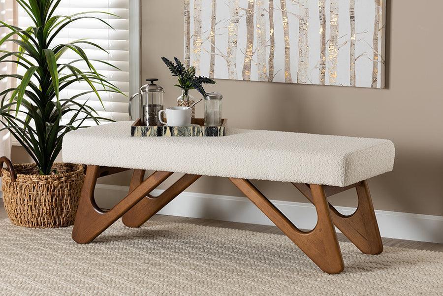 Rika Japandi Cream Boucle Fabric and Walnut Brown Finished Wood Bench FredCo