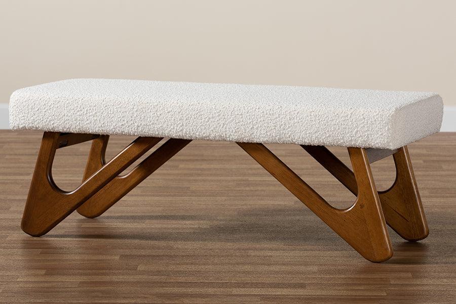 Rika Japandi Cream Boucle Fabric and Walnut Brown Finished Wood Bench FredCo